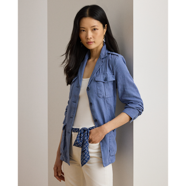 Tailored with lightweight, piece-dyed linen, this unique layering piece combines a streamlined blazer silhouette with utility-inspired design elements, including patch pockets and buttoned shoulder epaulettes. "Lauren  Ralph Lauren Lauren"-engraved corozo buttons provide a signature finish.