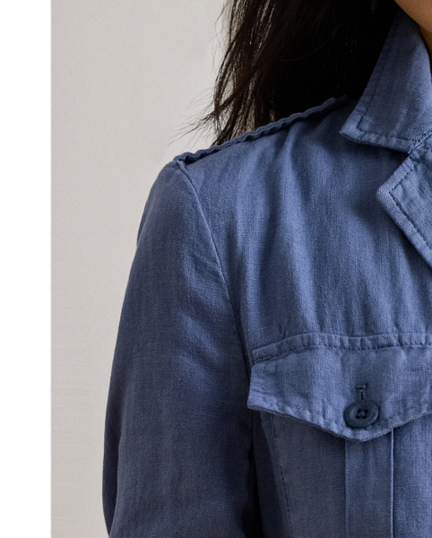 Tailored with lightweight, piece-dyed linen, this unique layering piece combines a streamlined blazer silhouette with utility-inspired design elements, including patch pockets and buttoned shoulder epaulettes. "Lauren  Ralph Lauren Lauren"-engraved corozo buttons provide a signature finish.