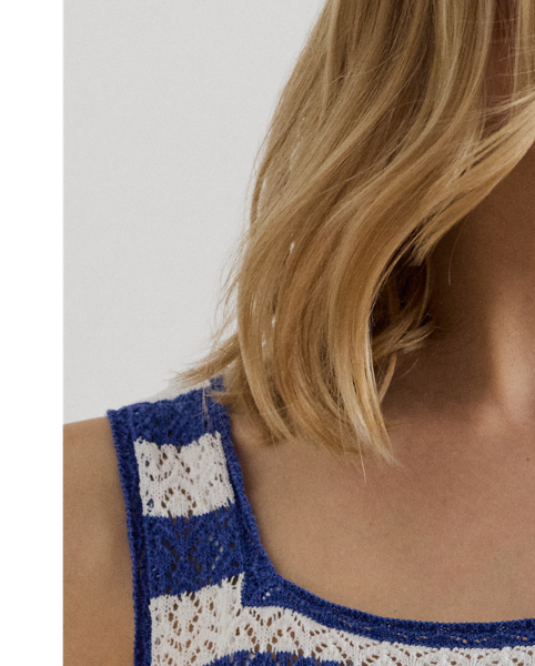 Realised in a soft cotton blend, this sleeveless jumper dress is defined by horizontal stripes, a square neckline and a geometric pointelle-knit pattern.