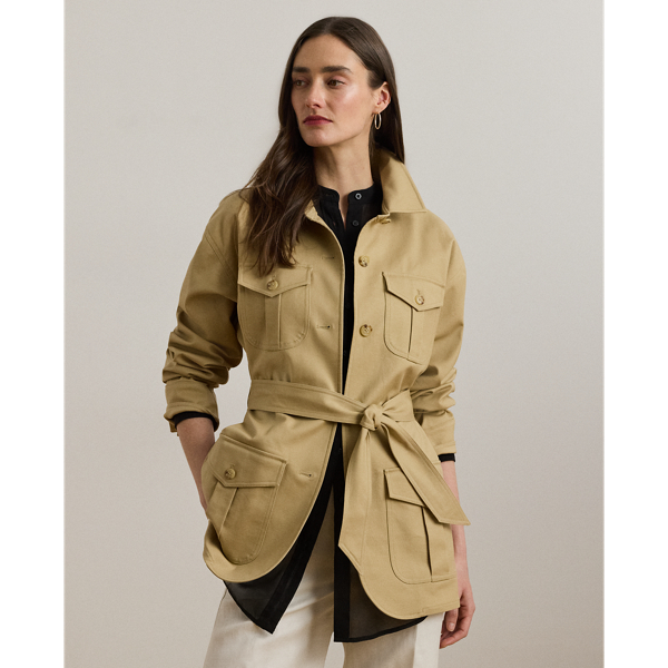 Crafted with double-faced stretch cotton, this field jacket features a myriad of patch pockets, a belted waist and signature horn-effect buttons.