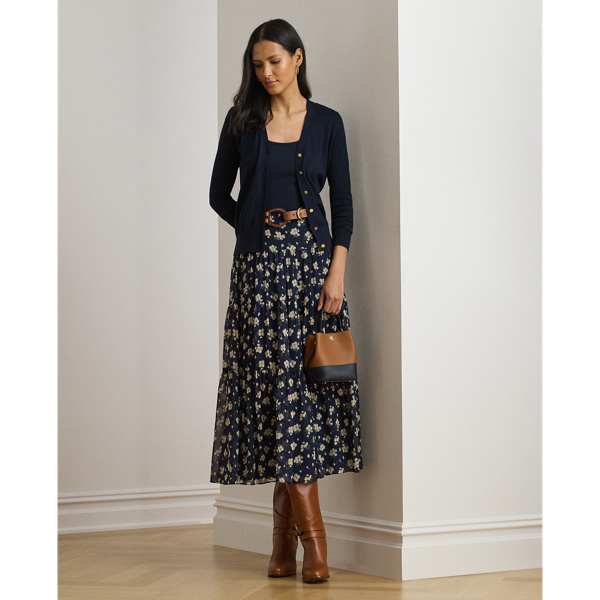 Displaying the season's feminine, two-tone floral print, this A-line skirt unites lightweight crinkle georgette with a tiered construction for graceful movement with each step.