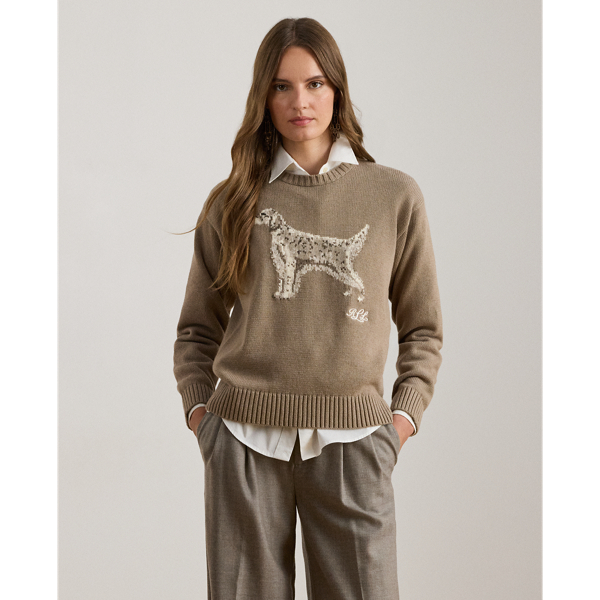 Knit from combed cotton for a soft hand, this crewneck jumper features an intarsia-knit English setter and an embroidered script "LRL" logo on the chest. A relaxed-fitting silhouette and dropped shoulders enhance its cosy feel.