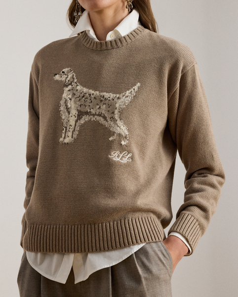 Knit from combed cotton for a soft hand, this crewneck jumper features an intarsia-knit English setter and an embroidered script "LRL" logo on the chest. A relaxed-fitting silhouette and dropped shoulders enhance its cosy feel.