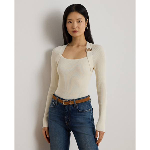 Modern elegance defines this jumper, which features a rib-knit construction, a square neckline and an equestrian-inspired buckle embellishment at the left shoulder.