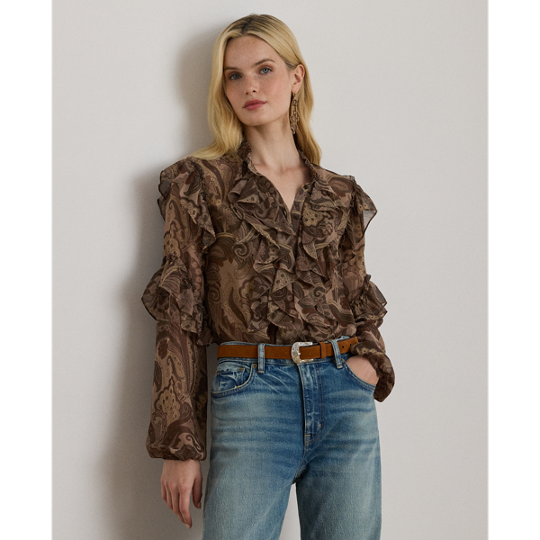 Cascading ruffles and blouson sleeves pair beautifully with the lightweight chiffon fabrication of this blouse, which features a paisley print in the season's earthy colour palette.