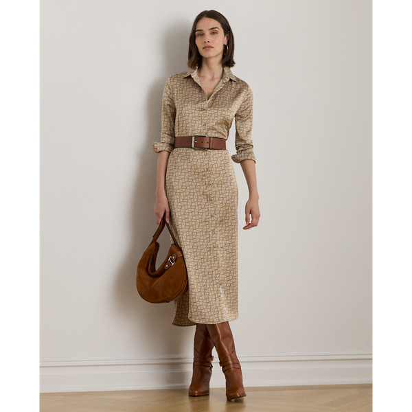 Smooth satin charmeuse brings a lustrous sheen to this shirtdress, which depicts the season's stylised, equestrian-inspired geometric print. A self-belt accentuates the waist, while signature buttons add an iconic finish.