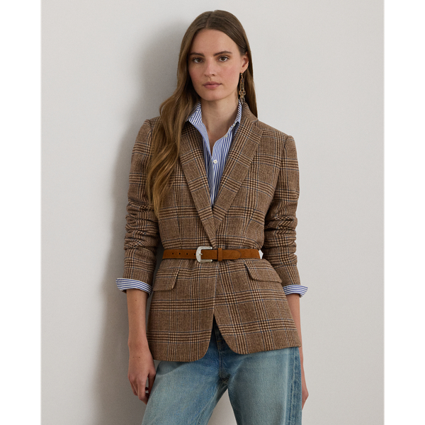 Shoulder pads, princess seams and waist darts enhance the streamlined silhouette of this blazer, which is crafted with soft wool-blend twill. Decorated with signature horn-effect buttons, this style showcases a refined Glen plaid pattern.