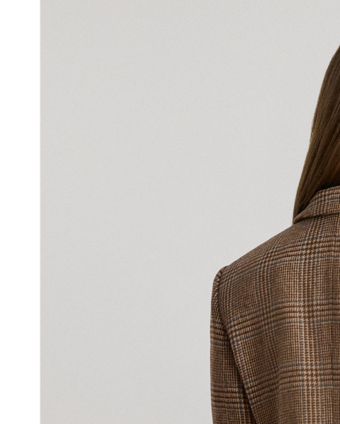 Shoulder pads, princess seams and waist darts enhance the streamlined silhouette of this blazer, which is crafted with soft wool-blend twill. Decorated with signature horn-effect buttons, this style showcases a refined Glen plaid pattern.