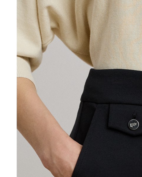 A sophisticated addition to your wardrobe, these ankle trousers are tailored for a streamlined, slightly tapered silhouette. A smooth ponte construction with a hint of stretch offers ease of movement, while gold-tone "LRL"-engraved buttons provide signature style.