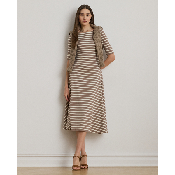 An enduring wardrobe essential, this striped boatneck midi dress with elbow-length sleeves is rib-knit from breathable stretch cotton for a comfortable fit and feel.