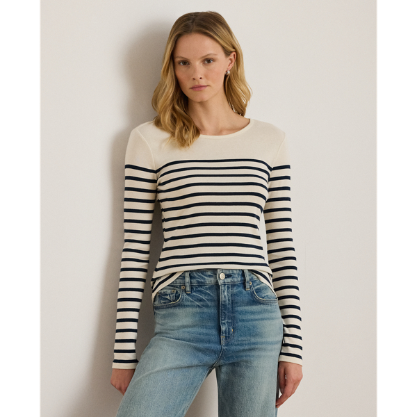 Featuring timeless yarn-dyed stripes, this essential long-sleeve crewneck T-shirt is rib-knit from breathable cotton for a soft hand feel. Lauren's signature embroidered logo on the hem completes the look.