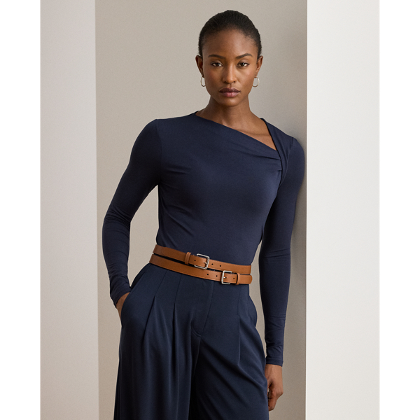This elegant long-sleeve top features an asymmetrical neckline and a slim silhouette rendered in soft stretch jersey.
