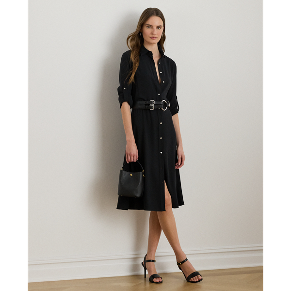 A belted waist enhances the fit-and-flare silhouette of this roll tab-sleeve shirtdress, which is tailored from fluid double-faced georgette.