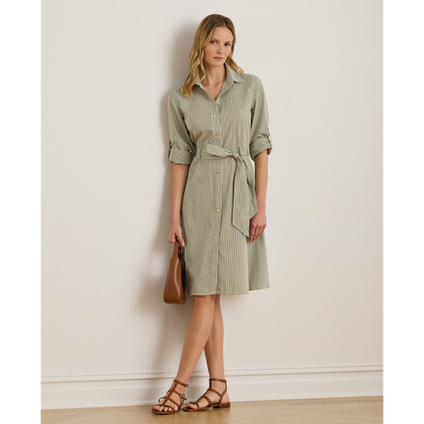 Yarn-dyed with slender vertical stripes, this iteration of Lauren Ralph Lauren Lauren's roll-tab-sleeve shirtdress is crafted with lightweight cotton broadcloth for a tailored look. A belted waist enhances this style's fit-and-flare silhouette, while signature buttons add an iconic finish.