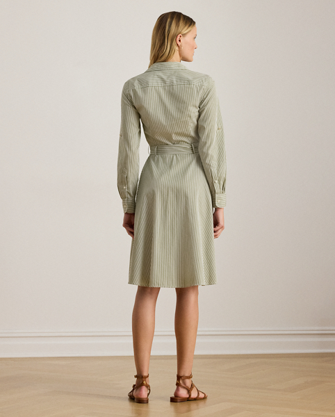 Yarn-dyed with slender vertical stripes, this iteration of Lauren Ralph Lauren Lauren's roll-tab-sleeve shirtdress is crafted with lightweight cotton broadcloth for a tailored look. A belted waist enhances this style's fit-and-flare silhouette, while signature buttons add an iconic finish.