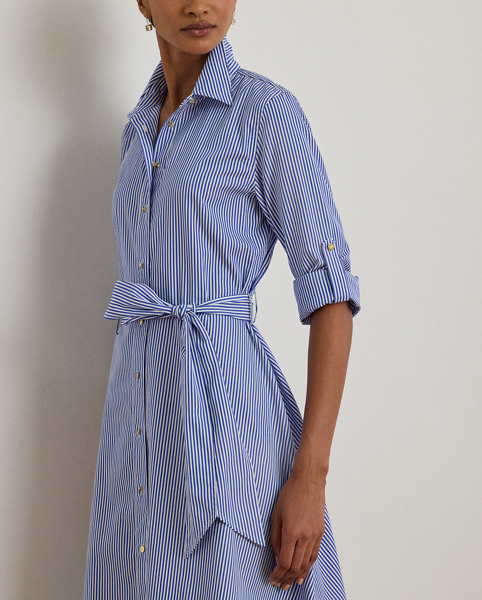 Yarn-dyed with slender vertical stripes, this iteration of Lauren Ralph Lauren Lauren's roll-tab-sleeve shirtdress is crafted with lightweight cotton broadcloth for a tailored look. A belted waist enhances this style's fit-and-flare silhouette, while signature buttons add an iconic finish.