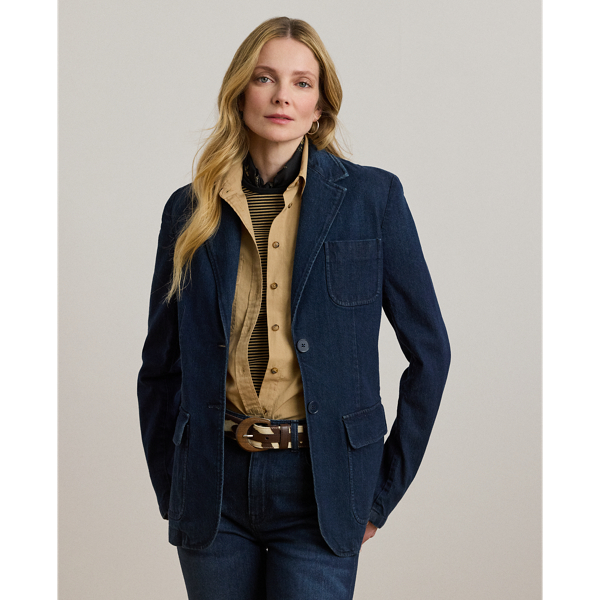 Featuring a streamlined silhouette enhanced with shoulder pads and waist darts, this blazer combines the casual appeal of dark-wash denim with the sophistication of sartorial details.