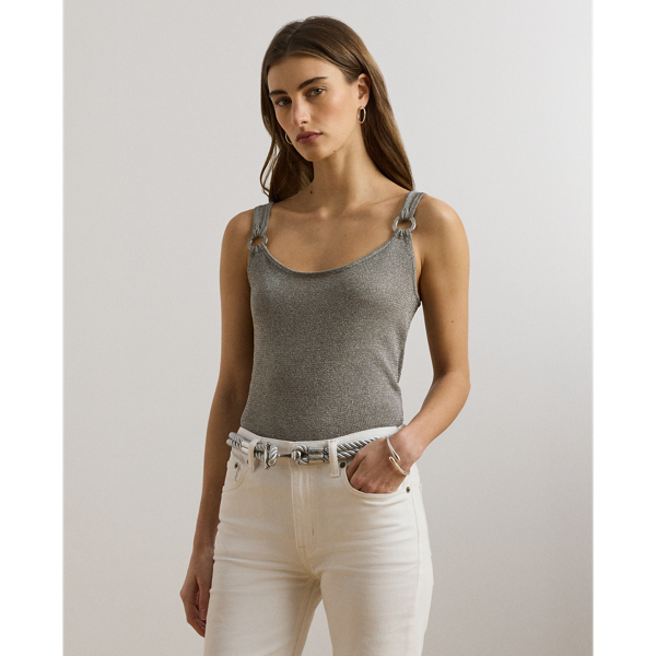 Embellished with "LRL Lauren  Ralph Lauren Lauren"-engraved metal O-rings at the straps, this lightweight jumper tank top is crafted with a metallic fabric for a beautiful sheen.