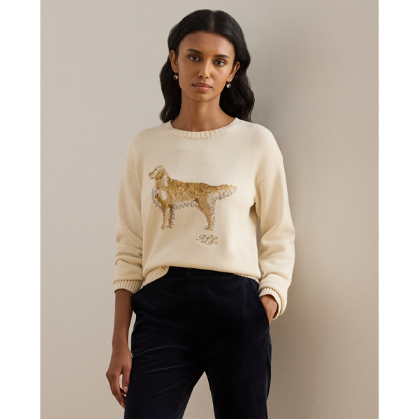 Knit from combed cotton for a soft hand, this crewneck jumper features an intarsia-knit golden retriever and an embroidered script "LRL" logo on the chest. A relaxed-fitting silhouette and dropped shoulders enhance its cosy feel.