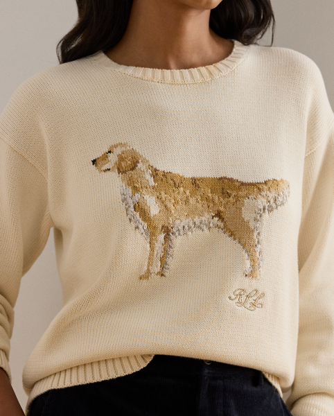 Knit from combed cotton for a soft hand, this crewneck jumper features an intarsia-knit golden retriever and an embroidered script "LRL" logo on the chest. A relaxed-fitting silhouette and dropped shoulders enhance its cosy feel.