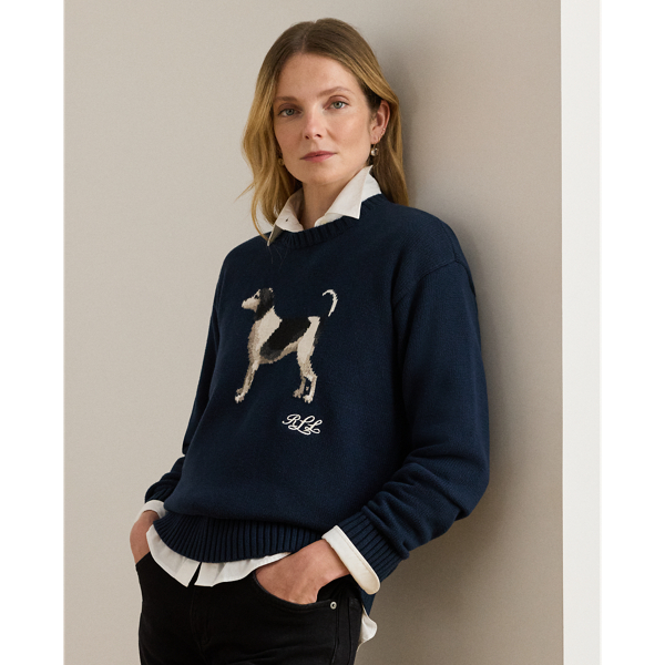 Knit from combed cotton for a soft hand, this crewneck jumper features an intarsia-knit dog and an embroidered script "LRL" logo on the chest. A relaxed-fitting silhouette and dropped shoulders enhance its cosy feel.
