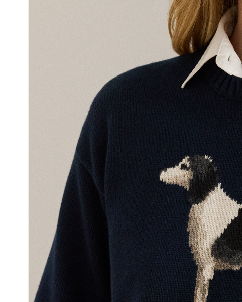 Knit from combed cotton for a soft hand, this crewneck jumper features an intarsia-knit dog and an embroidered script "LRL" logo on the chest. A relaxed-fitting silhouette and dropped shoulders enhance its cosy feel.