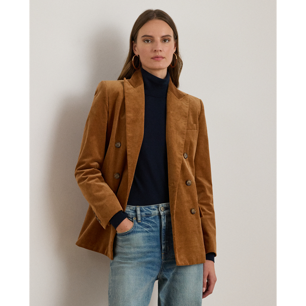 Fine-wale corduroy brings subtle texture and a velvety hand to the structured silhouette of this double-breasted blazer, which is finished with peak lapels and signature horn-effect buttons.