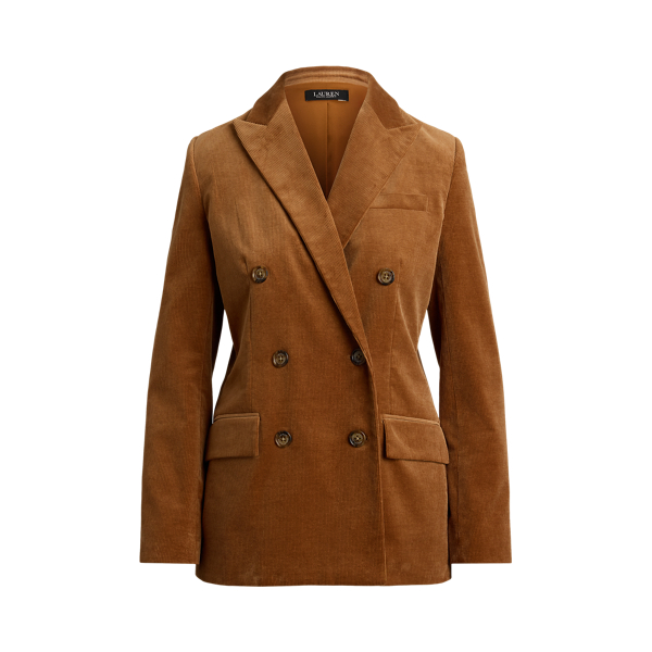 Fine-wale corduroy brings subtle texture and a velvety hand to the structured silhouette of this double-breasted blazer, which is finished with peak lapels and signature horn-effect buttons.