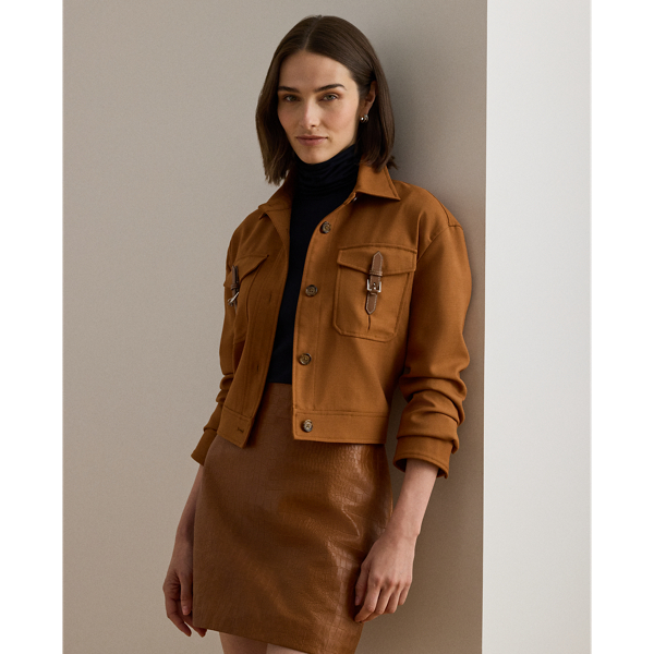 Tailored from soft wool-blend serge, this cropped jacket showcases surplus-inspired, faux-leather buckled tabs and patch pockets. Signature horn-effect buttons complete the look.