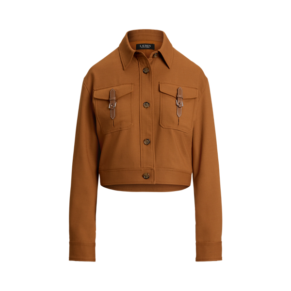 Tailored from soft wool-blend serge, this cropped jacket showcases surplus-inspired, faux-leather buckled tabs and patch pockets. Signature horn-effect buttons complete the look.