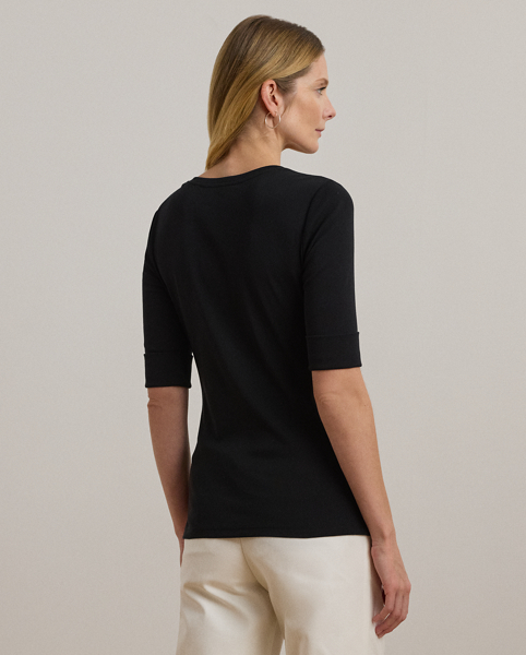 A timeless essential, this V-neck tee with elbow-length sleeves is made with breathable stretch cotton for a soft hand feel. Lauren's signature embroidered logo on the hem completes the look.