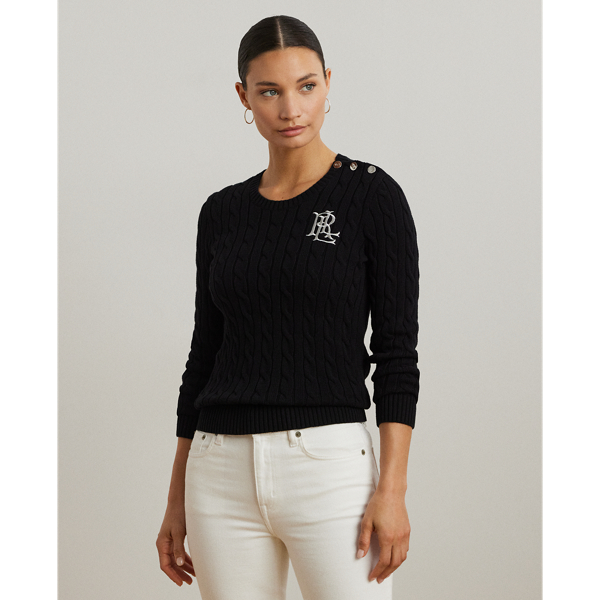 Lauren Ralph Lauren Lauren updates the classic cable-knit jumper with signature button embellishments on the shoulder and an "LRL"-embroidered logo on the chest. Cut for a slim-fitting silhouette, it's knit from combed cotton for a soft hand.