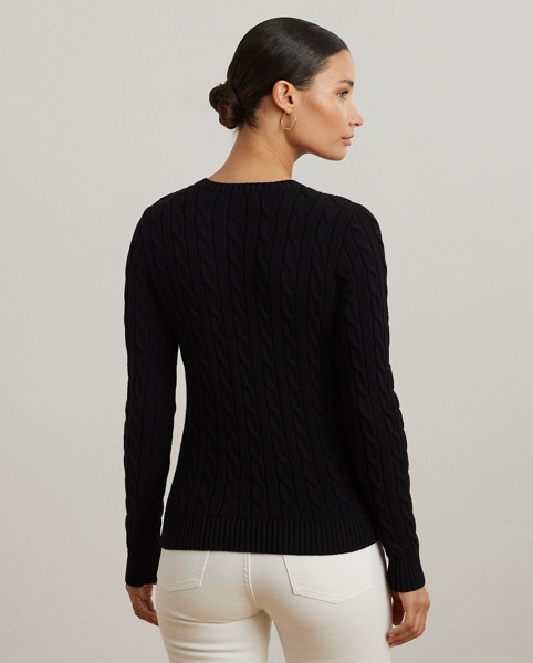 Lauren Ralph Lauren Lauren updates the classic cable-knit jumper with signature button embellishments on the shoulder and an "LRL"-embroidered logo on the chest. Cut for a slim-fitting silhouette, it's knit from combed cotton for a soft hand.