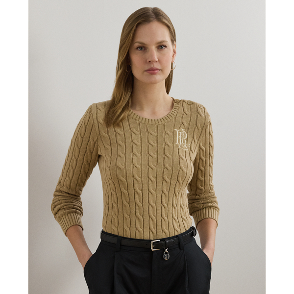 Lauren  Ralph Lauren Lauren updates the classic cable-knit jumper with signature button embellishments on the shoulder and an "LRL"-embroidered logo on the chest. Cut for a slim-fitting silhouette, it's knit from combed cotton for a soft hand.