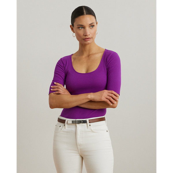 An elevated essential, this scoopneck tee with elbow-length sleeves features a slim fit and a soft stretch-cotton blend construction. A tonal "LRL"-embroidered logo on the hem adds a subtle signature finish.