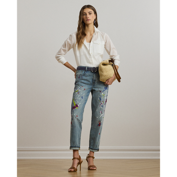 Cut from comfortable right-hand-twill denim, these boyfriend tapered jeans feature a screen-printed paint-splatter motif for a lived-in look.
