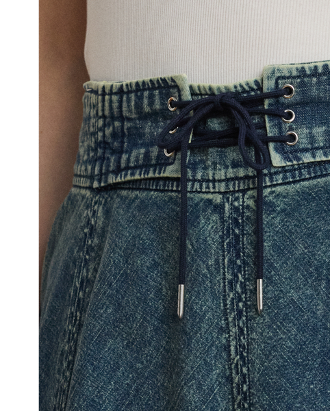 Vertical seams beautifully enhance the A-line silhouette of this denim midi skirt, while a drawcord waist offers effortless appeal.