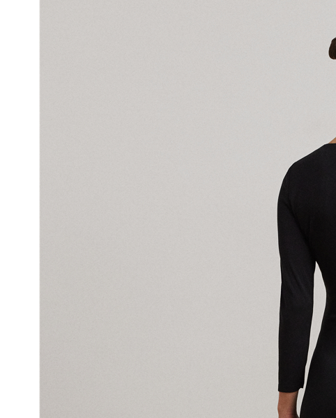 Detailed with an "LRL Lauren  Ralph Lauren Lauren"-engraved metal O-ring on the waist for iconic style, this essential three-quarter-sleeve dress is cut for a figure-skimming sheath silhouette. Its smooth stretch jersey fabrication offers ease of movement and a soft hand.