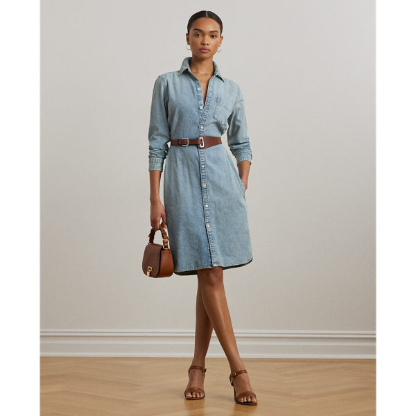 Tailored from light-wash, right-hand-twill denim, this version of Lauren  Ralph Lauren Lauren's signature belted shirtdress strikes the perfect balance between effortless and sophisticated.