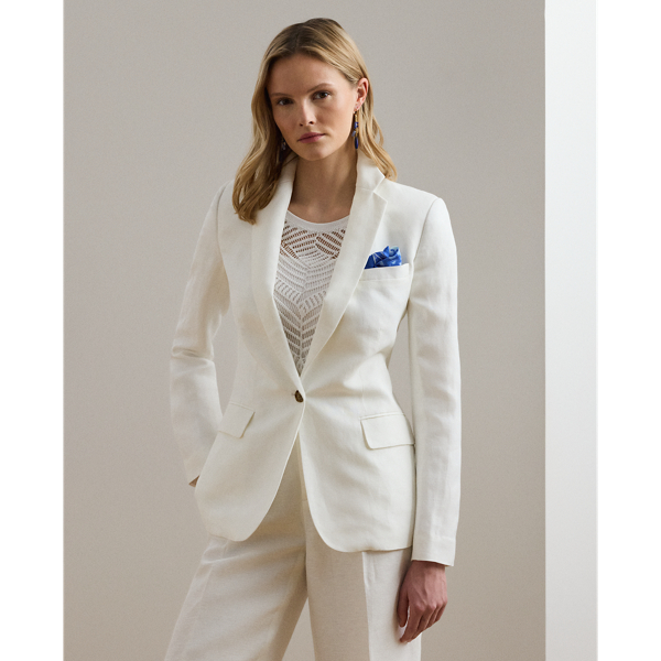 Shoulder pads, princess seams and waist darts enhance the streamlined silhouette of this blazer, which is crafted with airy linen-blend twill. Signature horn-effect buttons provide added sophistication.