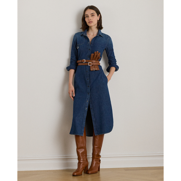 Balancing the casual appeal of denim with a sophisticated shirtdress silhouette, this style is a versatile piece that can be dressed up or down. A horsebit charm at the chest provides a subtle, equestrian-inspired finish.