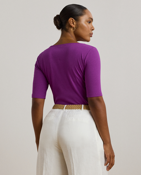 An elevated essential, this scoopneck tee with elbow-length sleeves features a slim fit and a soft, stretch-cotton blend construction. A tonal "LRL"-embroidered logo on the hem adds a subtle signature finish.