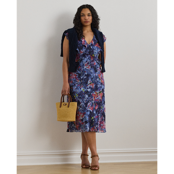Airy crinkle georgette, ruffle trim and flutter sleeves bring effortless movement to this midi dress, which showcases the season's painterly abstract motif.