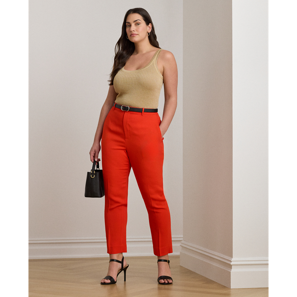 Tailored from smooth stretch cady, these slim trousers are detailed with back waist darts and crisp creases on each leg for a polished finish.