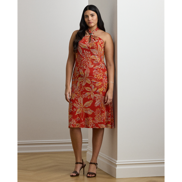 Featuring a bamboo-inspired metal embellishment at the neckline, this enchanting halter dress is crafted from crinkle georgette printed with the season's painterly floral motif.