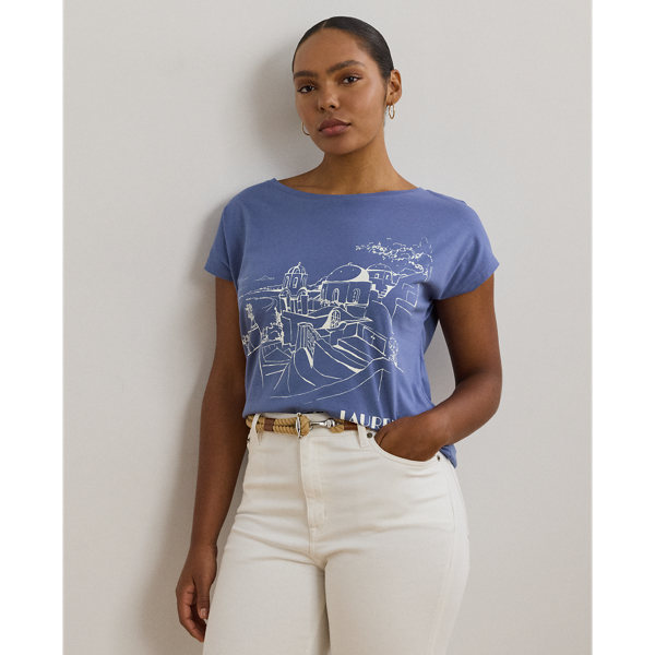 This breathable cotton-blend jersey T-shirt features a Santorini-inspired coastal landscape motif, which is rendered in the style of an ink sketch.