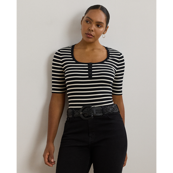 Rib-knit from soft, stretch-infused cotton, this slim-fitting Henley top is characterised by elbow-length sleeves and yarn-dyed horizontal stripes. An "LRL"-embroidered logo and "LRL"-engraved buttons add a signature finish.