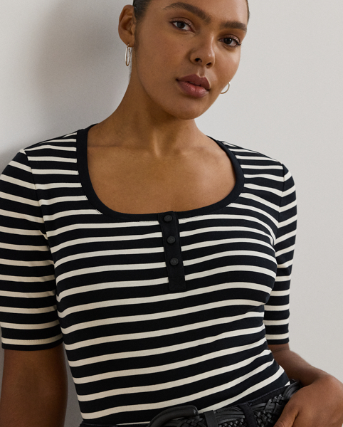 Rib-knit from soft, stretch-infused cotton, this slim-fitting Henley top is characterised by elbow-length sleeves and yarn-dyed horizontal stripes. An "LRL"-embroidered logo and "LRL"-engraved buttons add a signature finish.