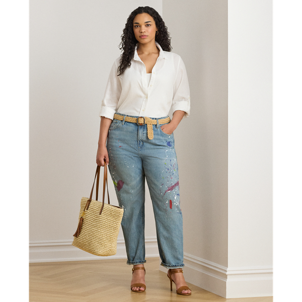 Cut from comfortable right-hand-twill denim, these boyfriend tapered jeans feature a screen-printed paint-splatter motif for a lived-in look.