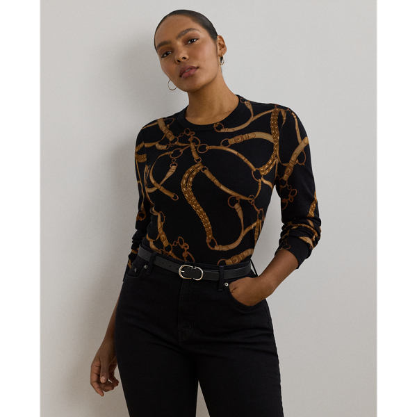 Made with a soft cotton blend for a comfortable feel, this slim-fitting crewneck jumper showcases the season's equestrian-inspired belting print.